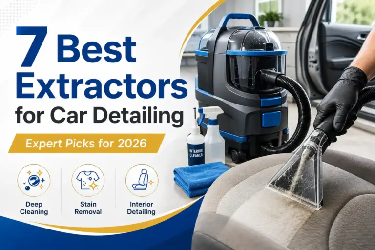 Car detailing extractor cleaning a vehicle seat with an upholstery nozzle for deep cleaning and stain removal