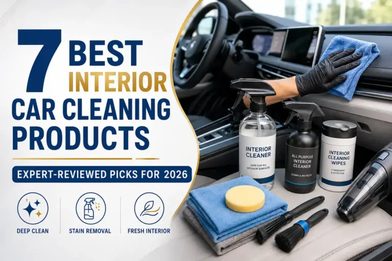 Interior car cleaning products with microfiber towels, brushes, wipes, sprays, and a handheld vacuum for deep interior detailing