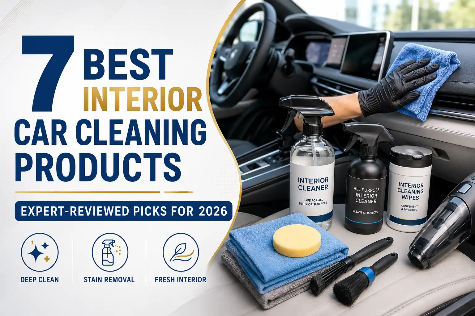 Interior car cleaning products with microfiber towels, brushes, wipes, sprays, and a handheld vacuum for deep interior detailing