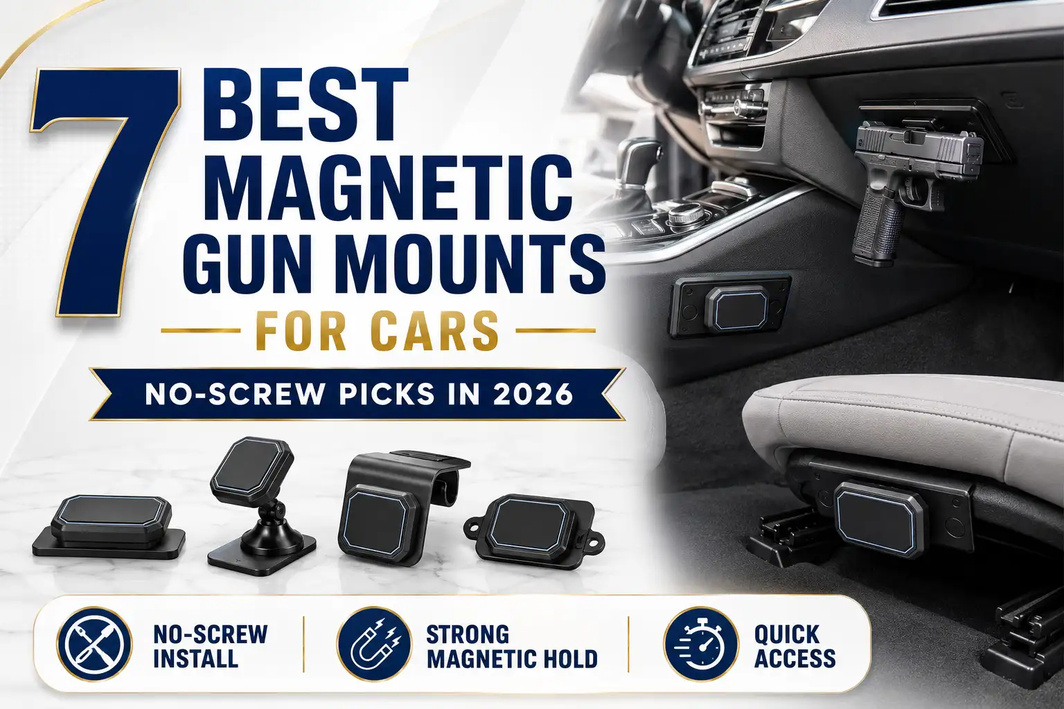 Magnetic gun mount installed inside a car for secure no-screw storage and quick access to a handgun