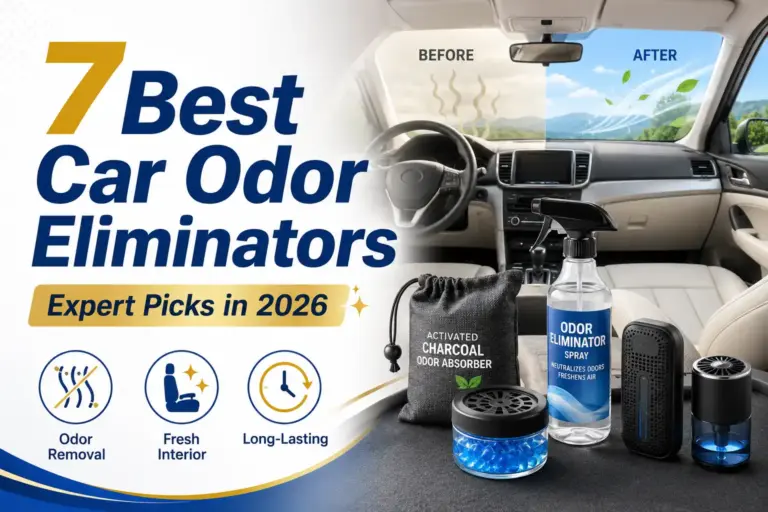 Car odor eliminator products including spray, charcoal bag, and air purifier for removing smells and freshening the car interior