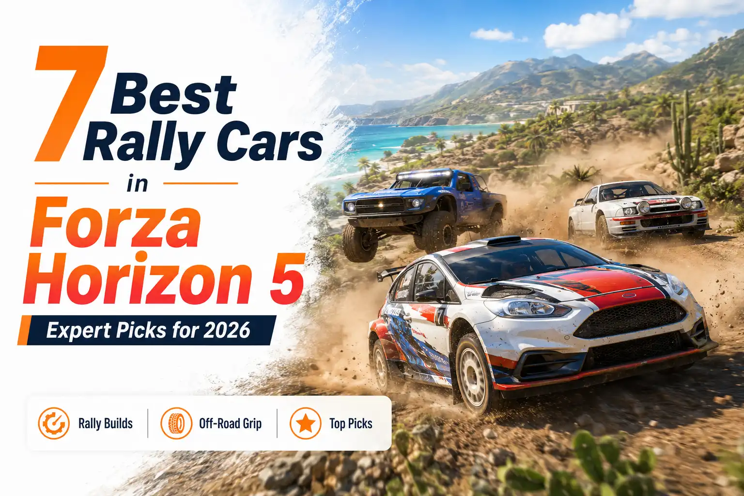 Rally cars racing off-road in Forza Horizon 5, highlighting top picks for grip, rally builds, and dirt-road performance