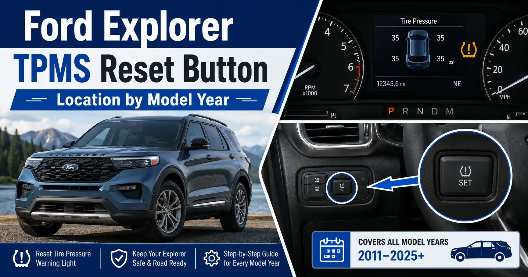 Ford Explorer TPMS reset button location and tire warning light