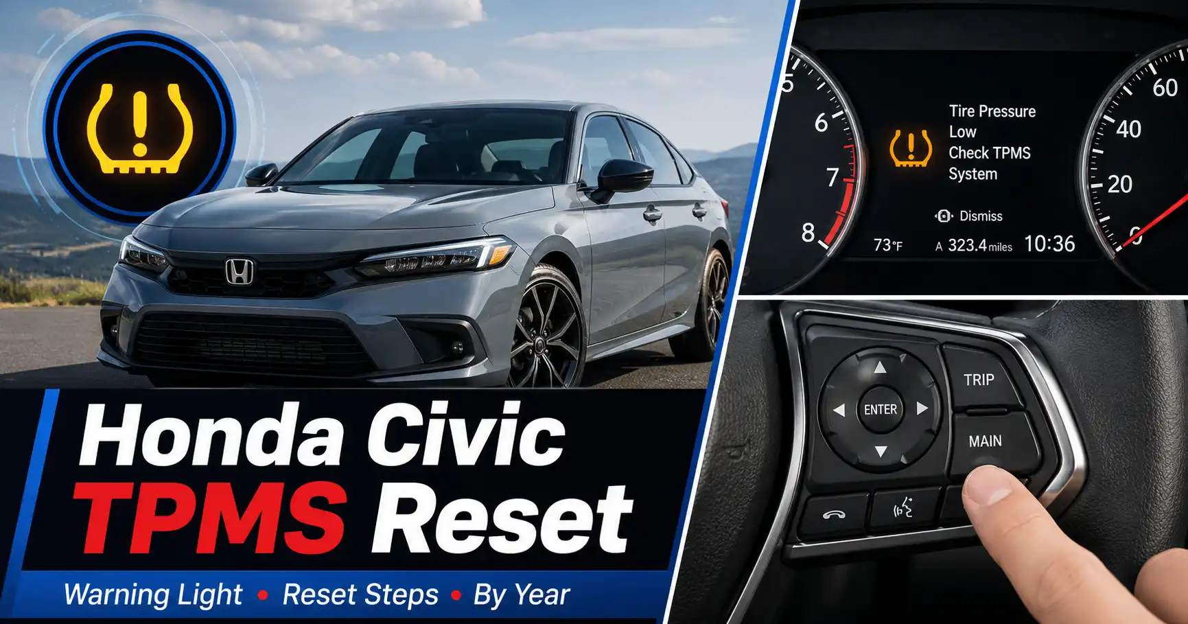 Honda Civic TPMS reset shown with tire pressure warning
