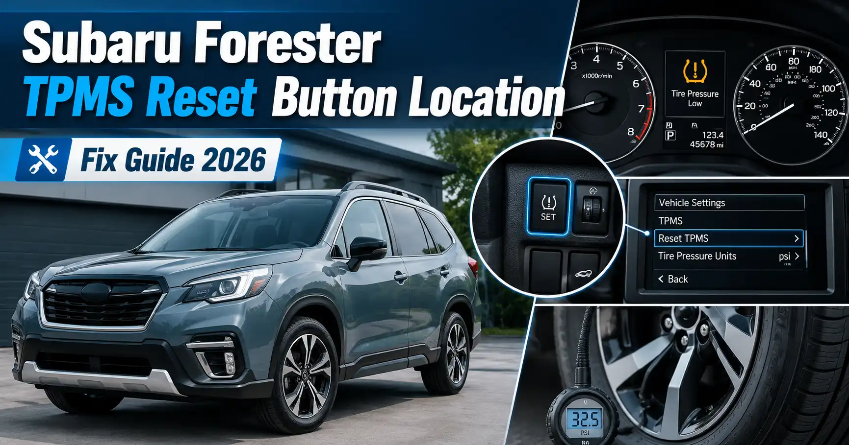 Subaru Forester TPMS reset button location with tire warning light