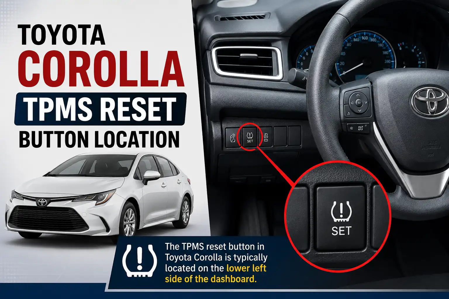 Toyota Corolla TPMS reset button location shown on dashboard