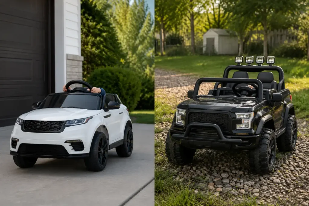 12V versus 24V ride on car comparison on driveway and grass terrain