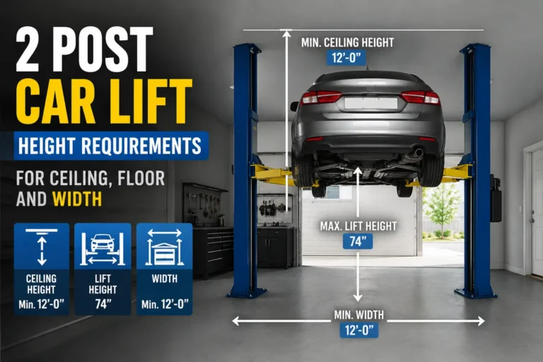 2 post car lift height requirements shown with a sedan raised in a home garage