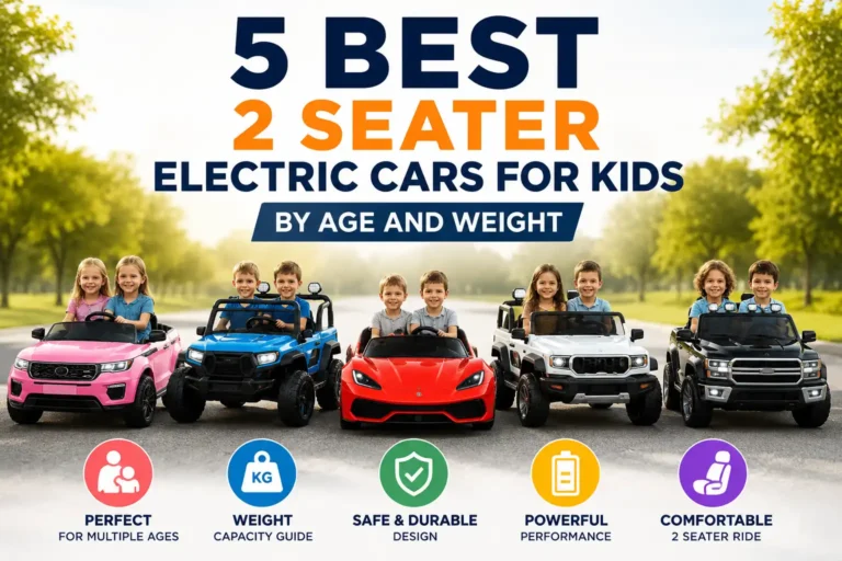 2 seater electric car for kids with two children riding together outdoors
