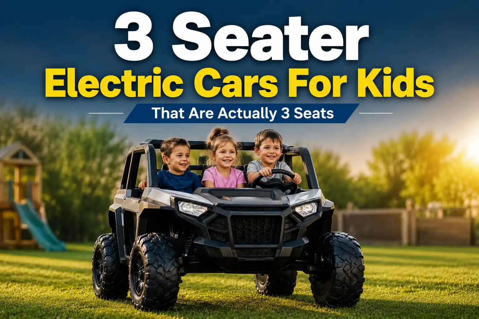 3 seater electric car for kids with three children riding together outdoors