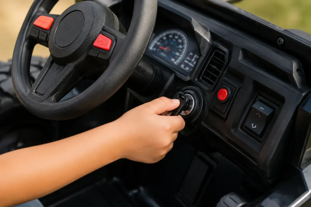 Key start ignition detail on a 3 seater electric ride on car for kids
