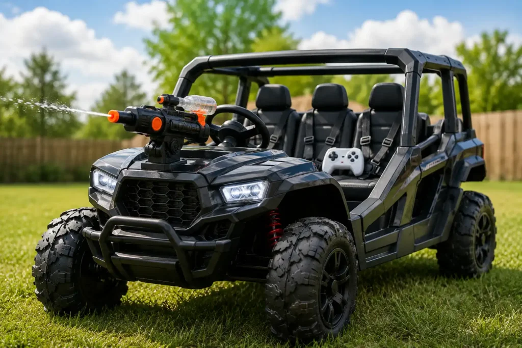3 seater ride on toy truck with water gun accessory for active outdoor play