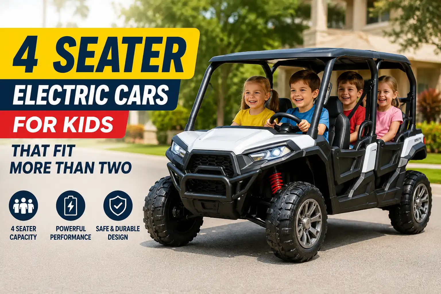 4 seater electric car for kids with four children riding a golf cart style vehicle