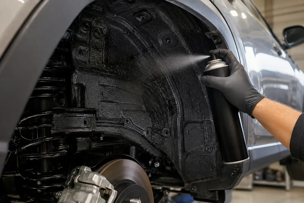 Spraying rubberized undercoating on car wheel well
