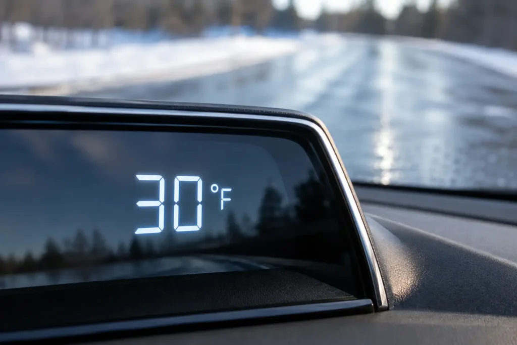 Car thermometer showing 30 degrees near icy road