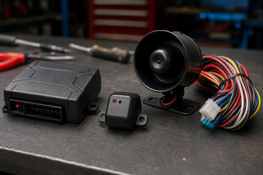 Car alarm system components ready for installation