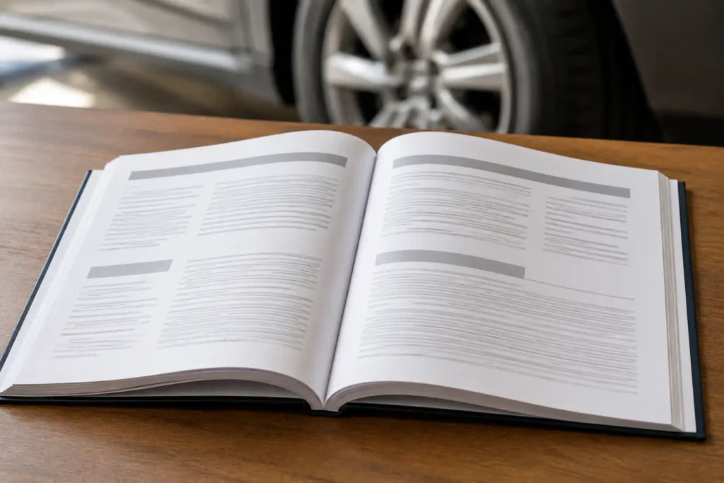 Car warranty booklet showing tire coverage sections