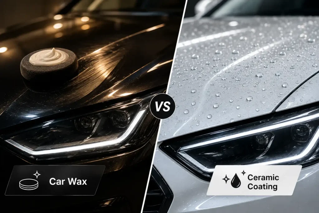 Car wax vs ceramic coating comparison showing gloss, shine, and water beading on car paint