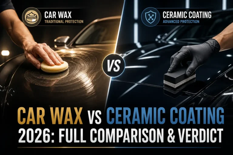Car wax vs ceramic coating comparison showing both paint protection methods applied to a glossy car.