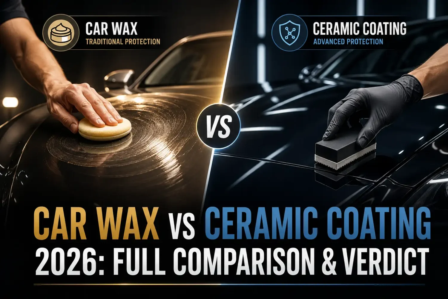 Car wax vs ceramic coating comparison showing both paint protection methods applied to a glossy car.