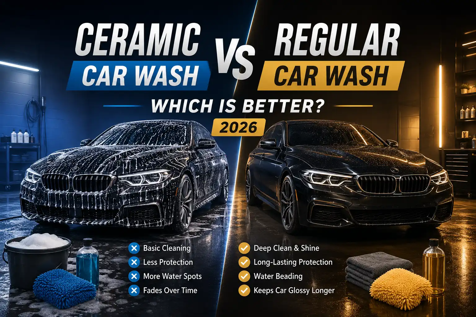 Ceramic car wash vs regular car wash comparison showing two black cars with different wash results in 2026