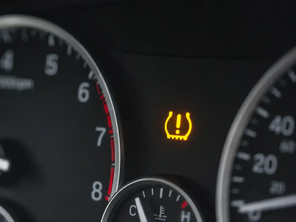 Minivan TPMS warning light glowing on dashboard gauge cluster