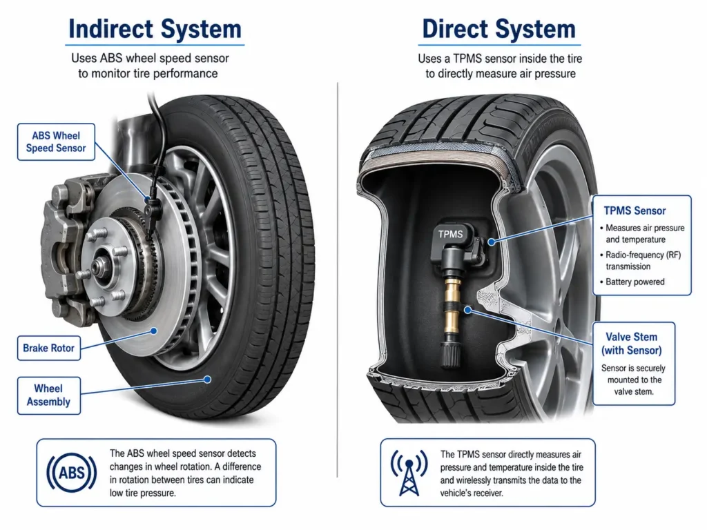 Direct and indirect TPMS system comparison diagram with tire sensors