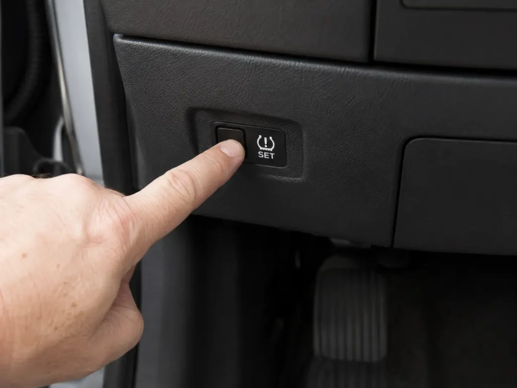 Driver pressing TPMS SET button under lower dashboard panel