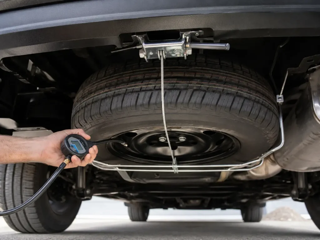 Mechanic checking spare tire pressure under minivan chassis