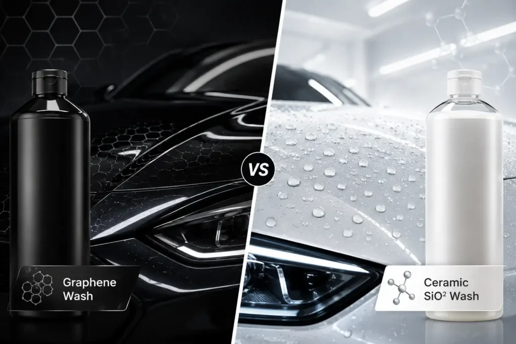 Graphene infused wash vs ceramic SiO2 wash comparison showing gloss and water-beading performance