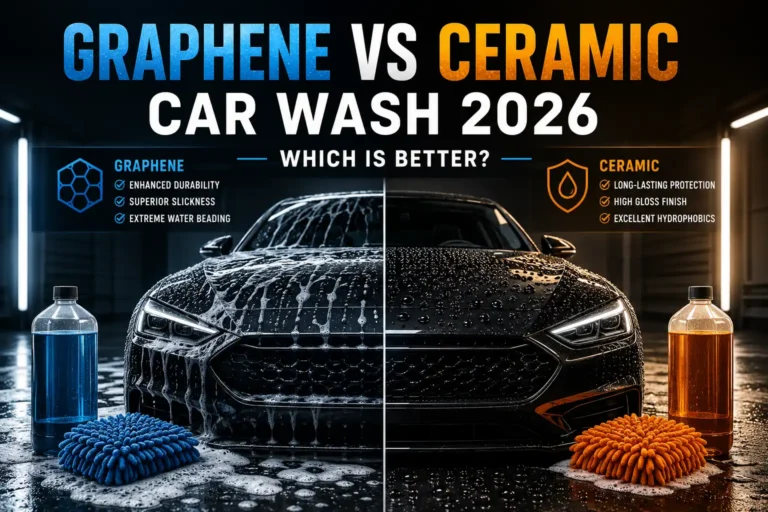 Graphene vs ceramic car wash comparison showing two coated cars and wash products in 2026