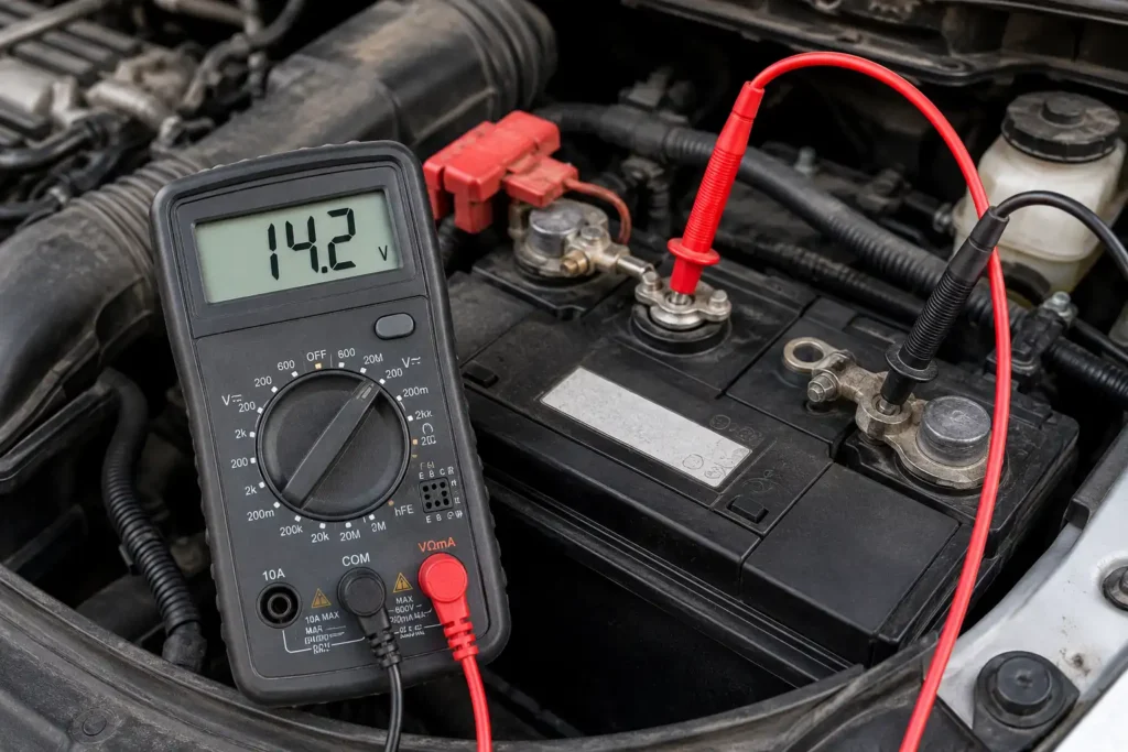 Testing car battery voltage with a multimeter