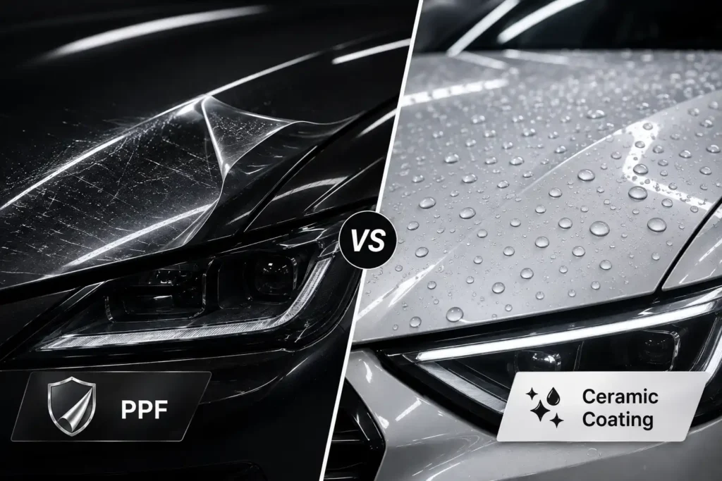 PPF car vs ceramic coating head-to-head comparison showing paint protection film and ceramic coating benefits on car paint