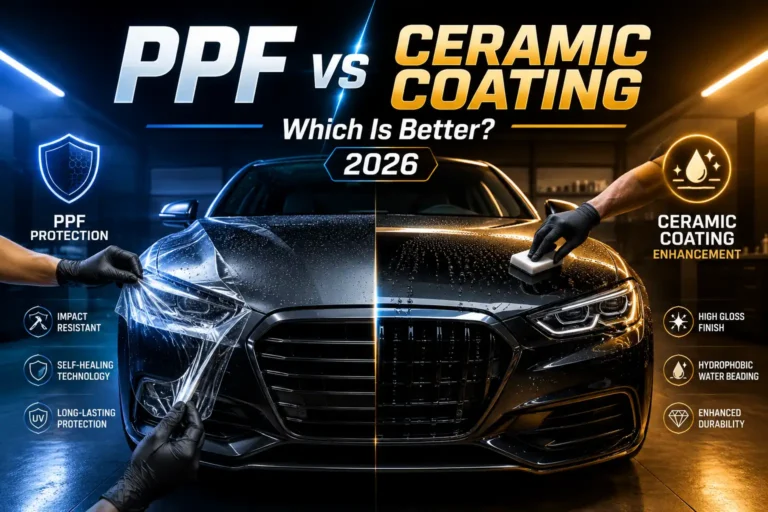 PPF vs ceramic coating comparison on a black car showing paint protection film and ceramic coating benefits in 2026