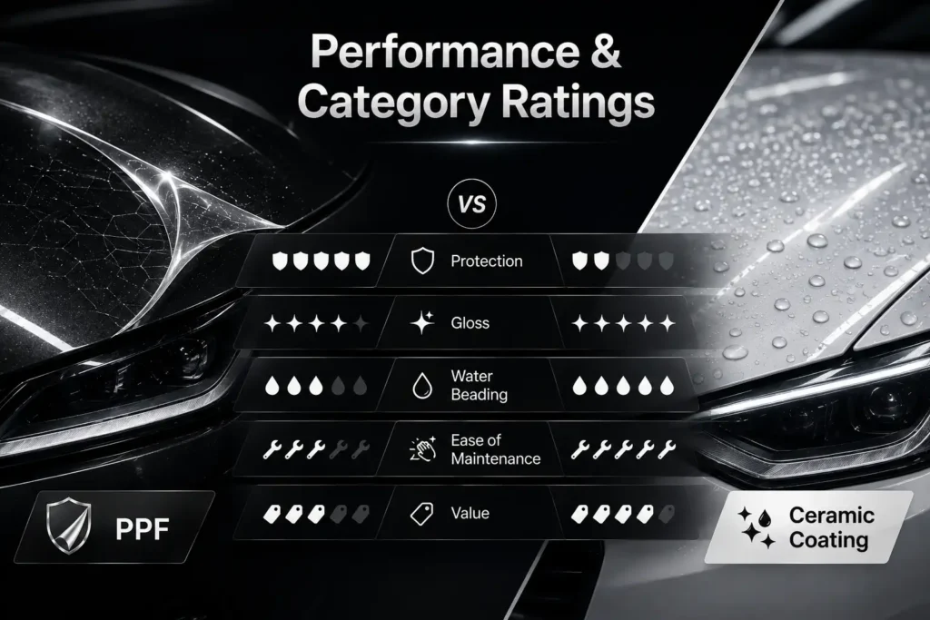 PPF vs ceramic coating performance ratings comparing protection, gloss, water beading, maintenance, and value