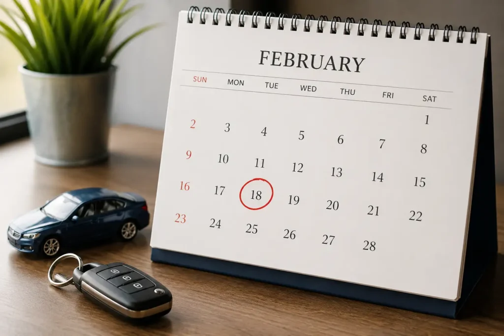 February calendar marking Presidents Day for car buying