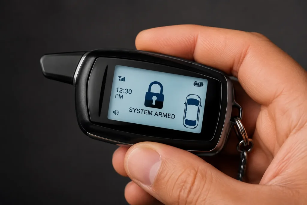 Two way LCD remote confirming car alarm status