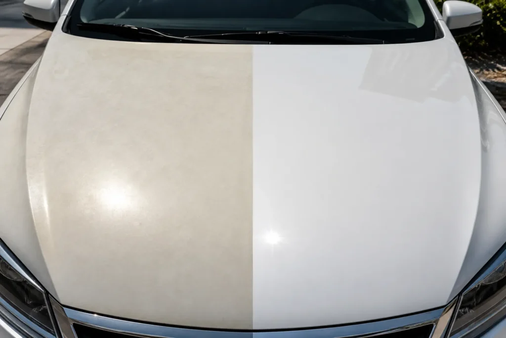 White car ceramic coating before and after yellowing fix