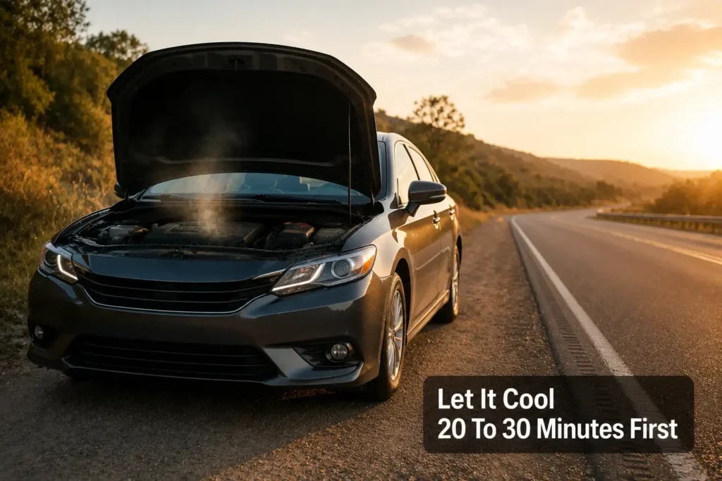 Car pulled over safely with the hood open to cool down after overheating