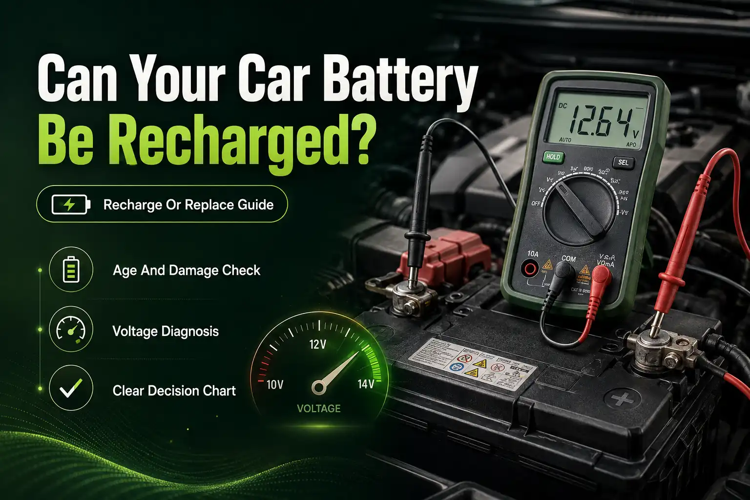 Multimeter testing car battery voltage to check if it can be recharged