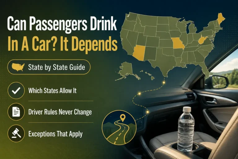 United States map highlighting states where passengers can drink alcohol in a car