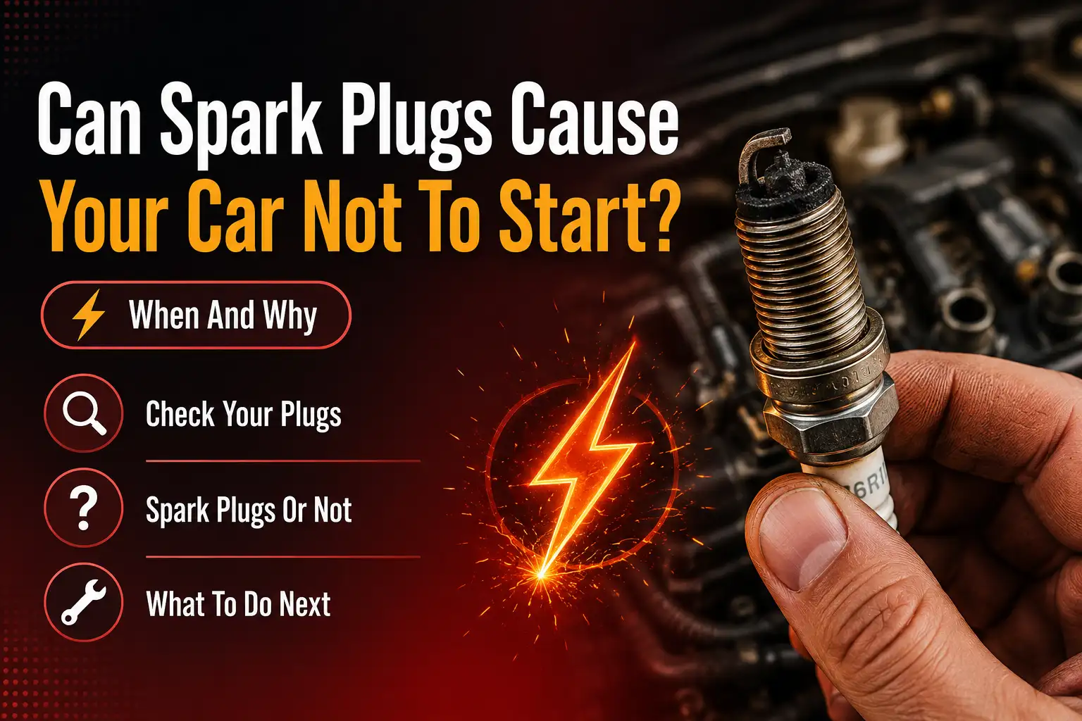 Spark plug with carbon fouling held next to a car engine