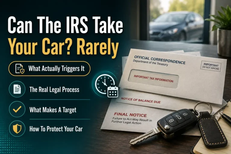 Official notice envelopes and car key representing IRS tax debt collection process