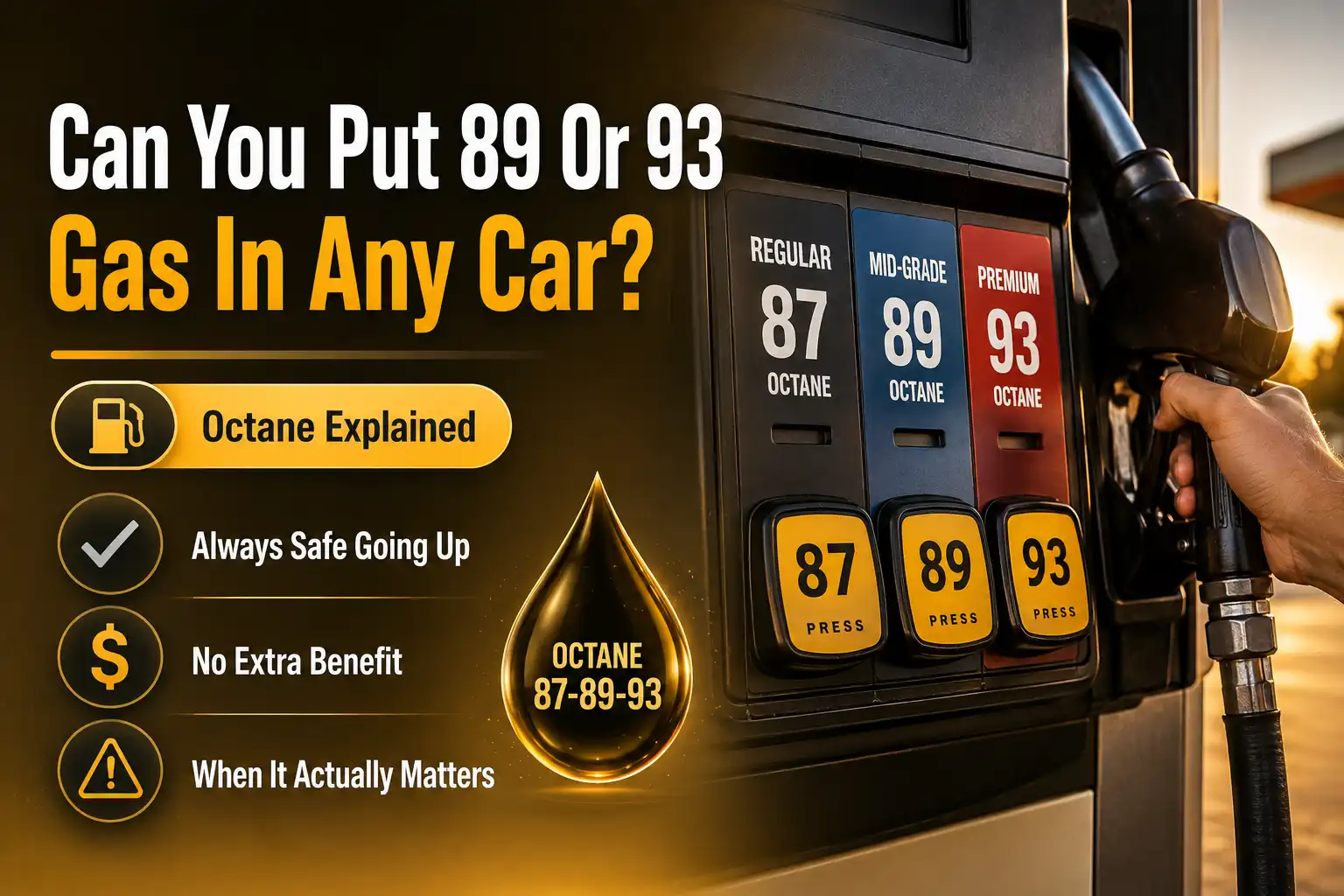 Gas station pump showing 87, 89, and 93 octane fuel grade options