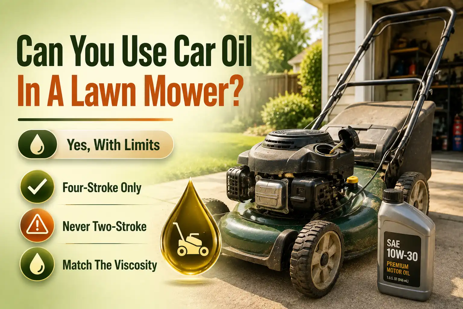 Lawn mower with oil cap open next to a bottle of car oil