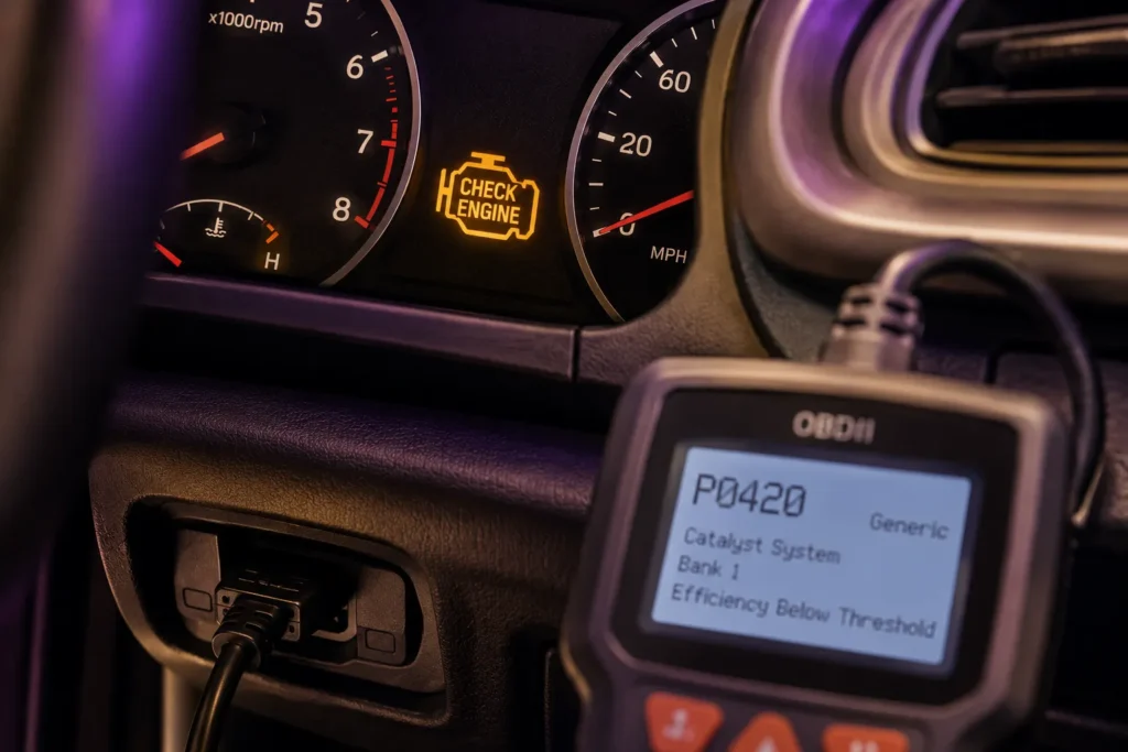 Check engine light on dashboard indicating a catalytic converter code