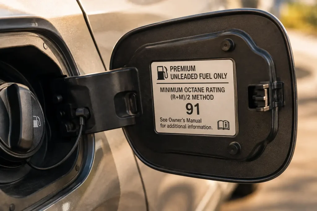 Fuel door label showing the required octane rating for a car
