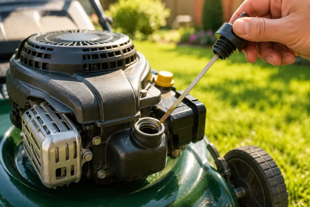 Checking the oil dipstick on a four-stroke lawn mower engine