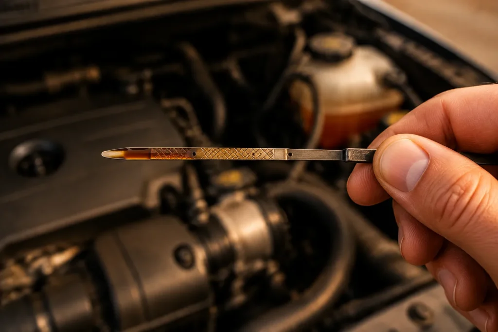 Checking the oil dipstick level after a car overheats