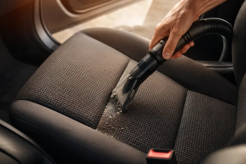 Vacuuming car seat to remove cigarette residue before ozone treatment